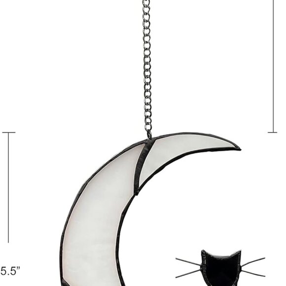 Black Cat Decor On White Moon Stained Glass Window Hanging Suncatcher for Window - Picture 3 of 7